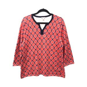 Talbots Size XL Split Neck 3/4 Sleeve Cotton Knit Tunic Top Geo Print Popover